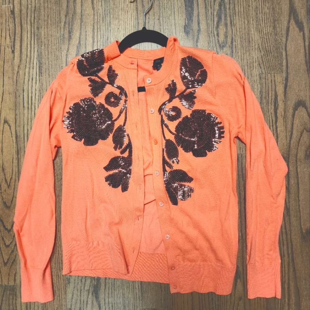 J. Crew Coral Orange Sequin Floral Cardigan